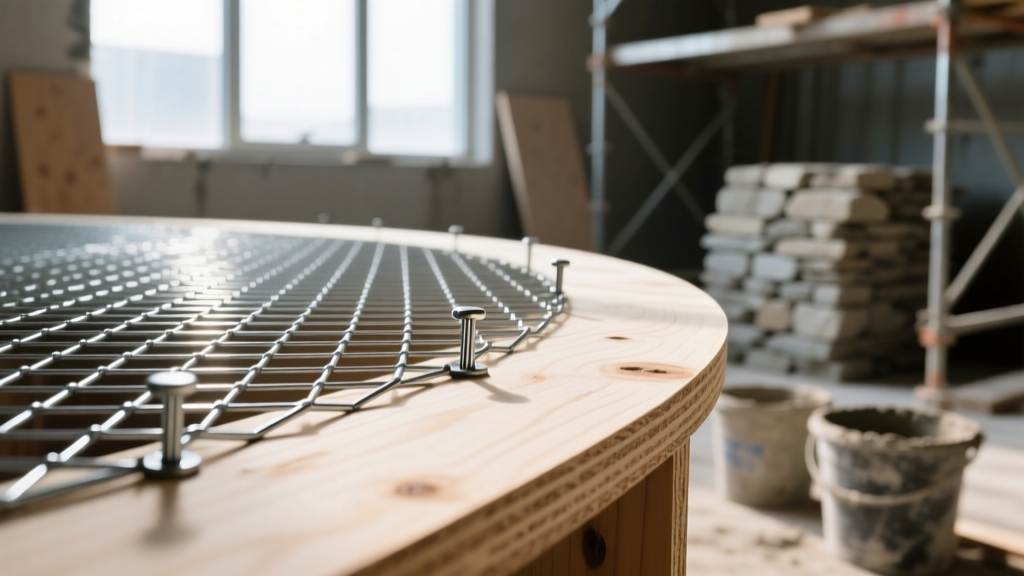 Close-up of hot-dipped galvanized diamond mesh metal lath being stapled to a curved plywood substrate, ready for mortar and stacked stone veneer