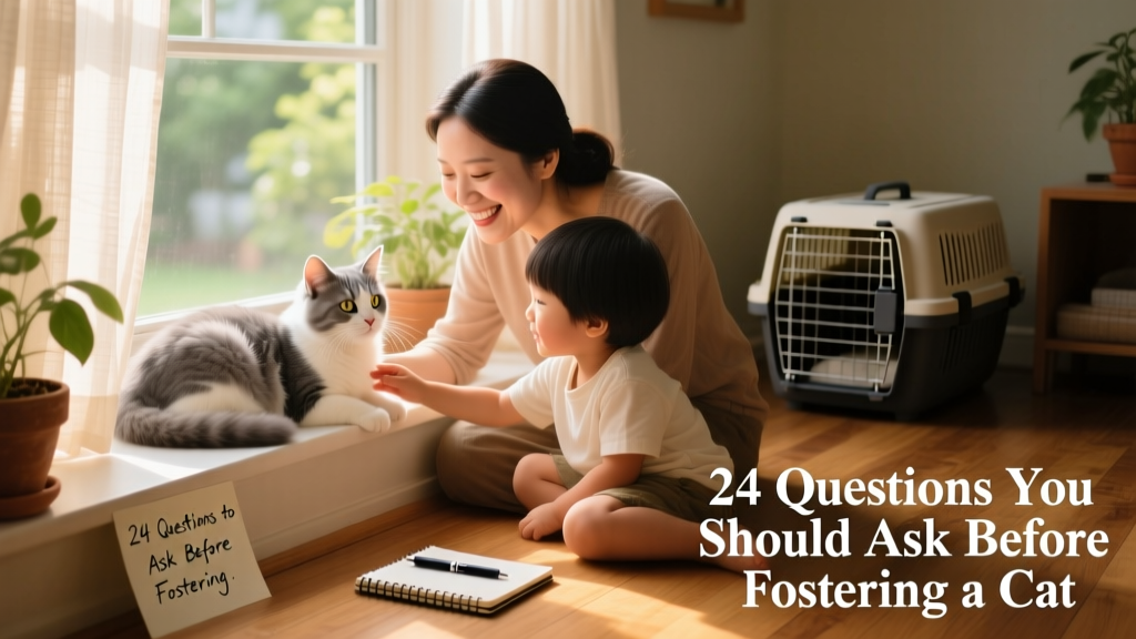 A smiling adult and child gently petting a relaxed foster kitten on a sunny windowsill