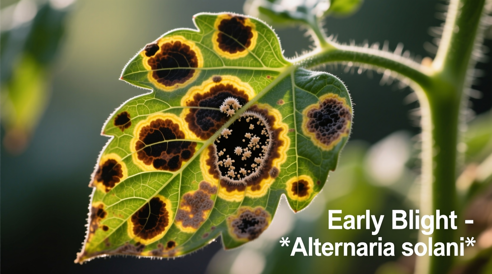 Tomato leaf with early blight symptoms showing concentric rings