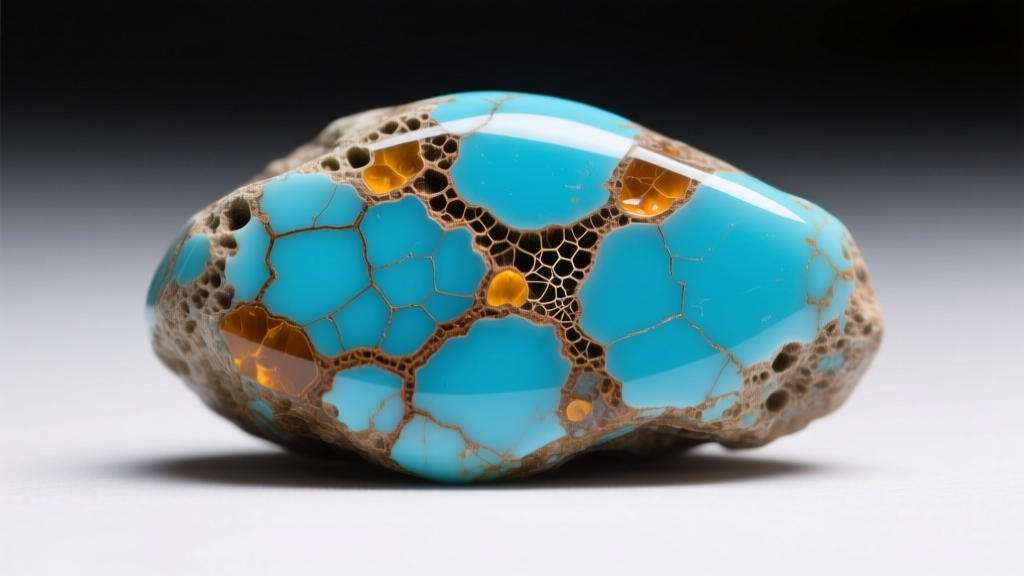 Macro shot of raw Kingman turquoise cabochon revealing porous texture, brown limonite webbing, and natural surface fractures.