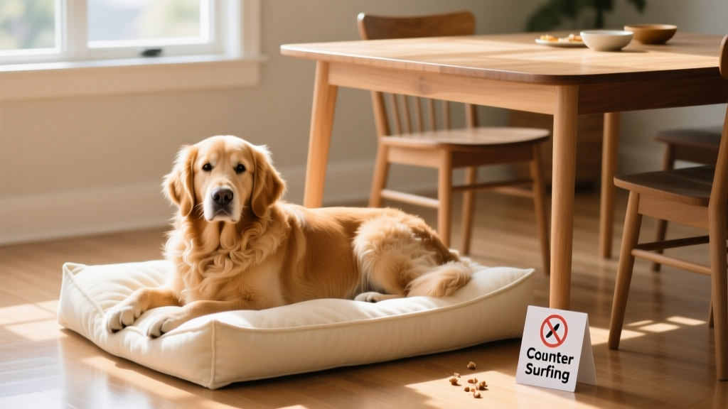 A dog resting peacefully on a plush dog bed beside a dining table with no food in sight