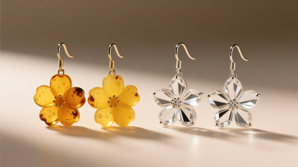Comparison of yellowed UV resin floral earrings and clear epoxy resin flower earrings under warm studio lighting