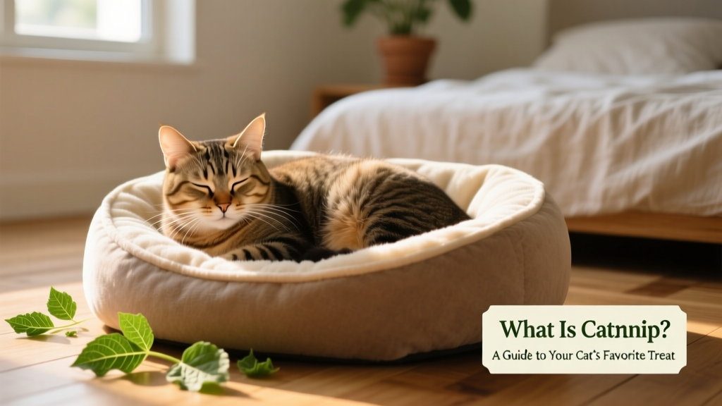 Cat curled contentedly on a soft bed with a few scattered catnip leaves nearby, eyes half-closed in relaxation