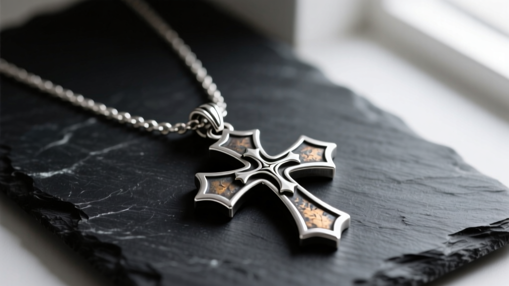 Heavy 925 sterling silver Knights Templar cross necklace resting on dark slate, highlighting beveled edges and oxidized patina.