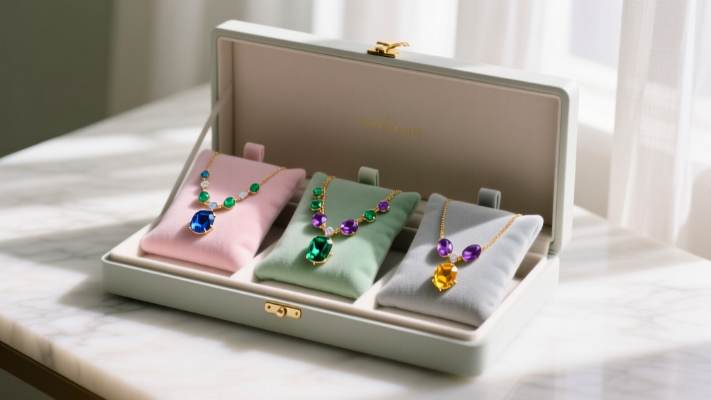 Jewelry box showing soft microfiber pouches storing multicolor necklaces to prevent gemstone cross-scratching damage.