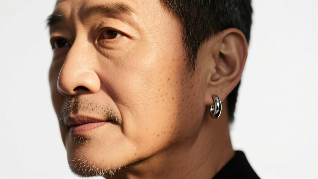 Close-up portrait of a man with a sharp jawline wearing a minimalist 18-gauge sterling silver hoop earring, studio lighting.