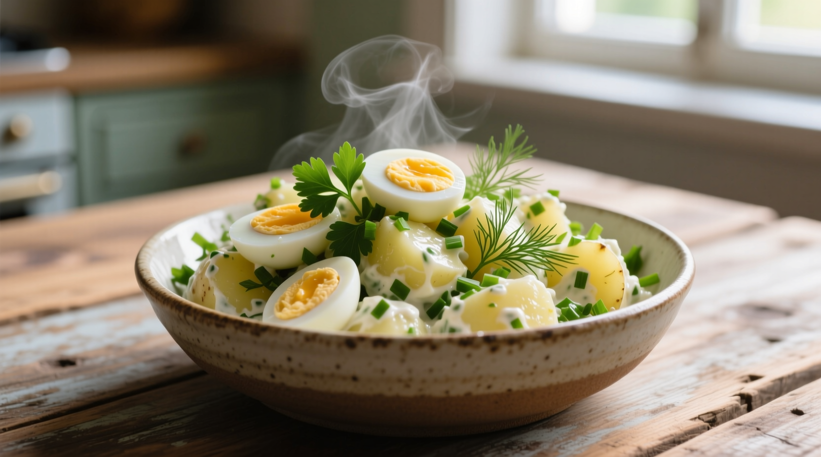 Freshly prepared potato salad with herbs and boiled eggs