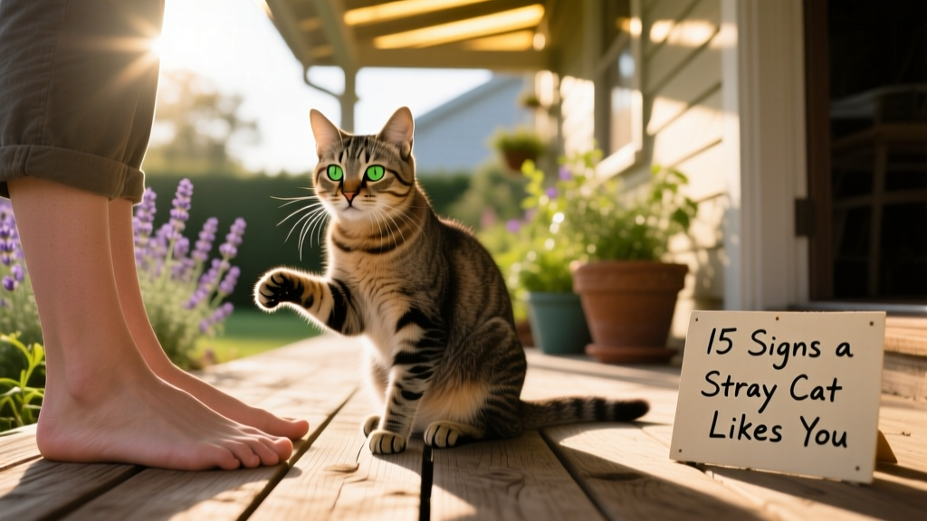 A cautious but relaxed stray cat sitting near a person’s feet on a sunlit porch