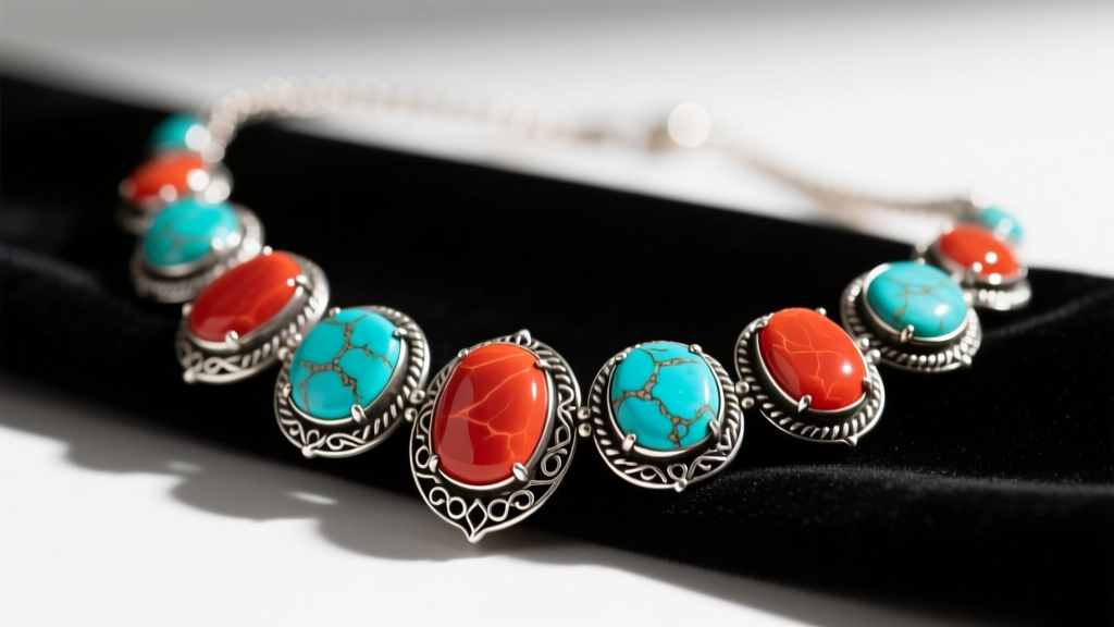 Close-up macro photography of a vintage Native American coral and turquoise necklace on black velvet, highlighting silver bezels.