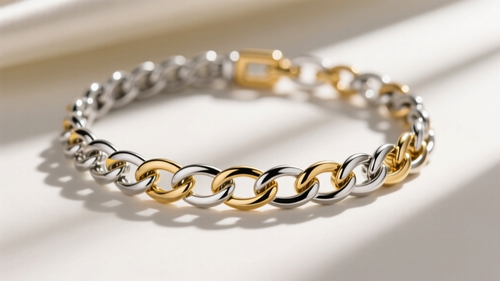 Macro shot of a Konstantino necklace chain showing an interlocking Byzantine weave in polished sterling silver and 18k gold.