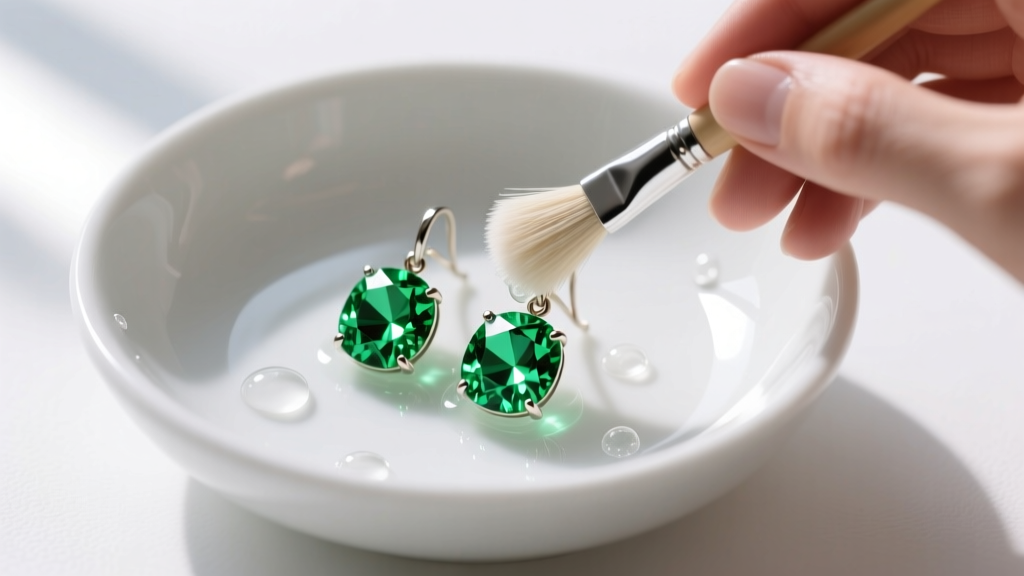 Hands cleaning green peridot cluster earrings with a soft bristle brush and mild soapy water inside a small white ceramic bowl