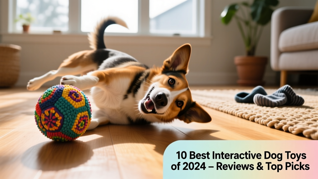 A mixed-breed dog happily rolling a textured, multi-colored ball across a hardwood floor