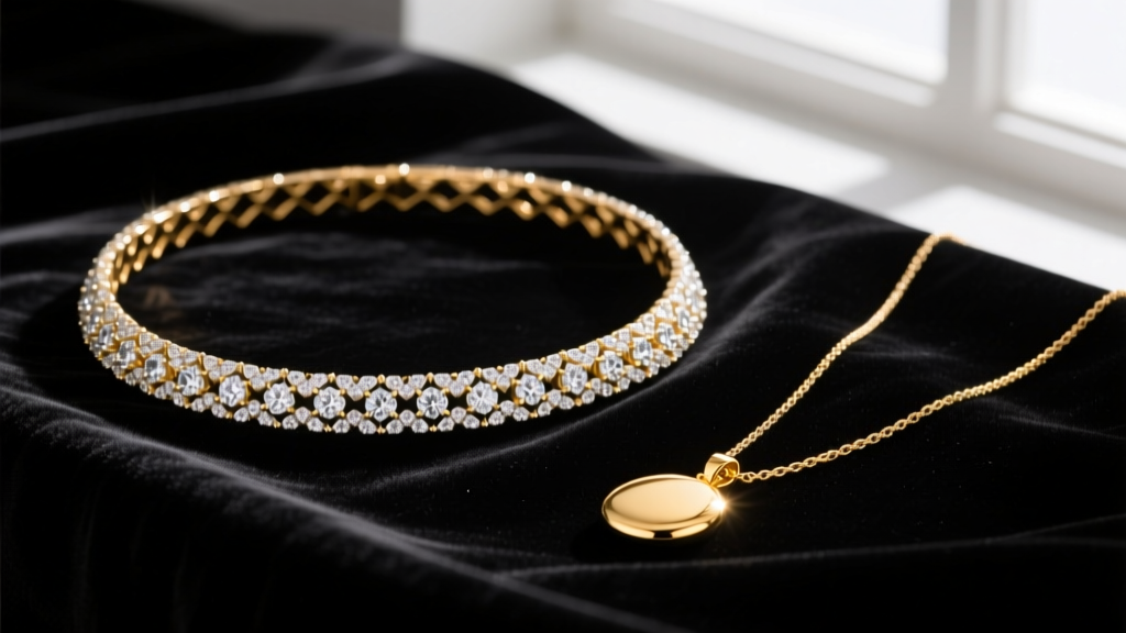 Elegant flat lay of a 15-inch diamond pave choker and a 20-inch gold pendant necklace on black velvet, soft studio lighting