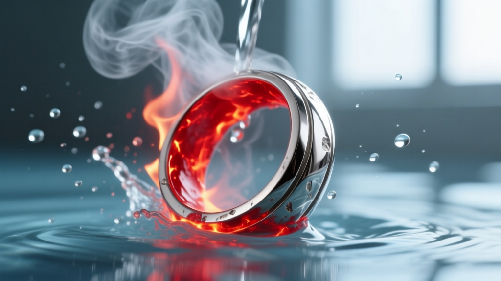 Macro shot of a glowing red-hot sterling silver ring being quenched in water, creating steam during the metal annealing process