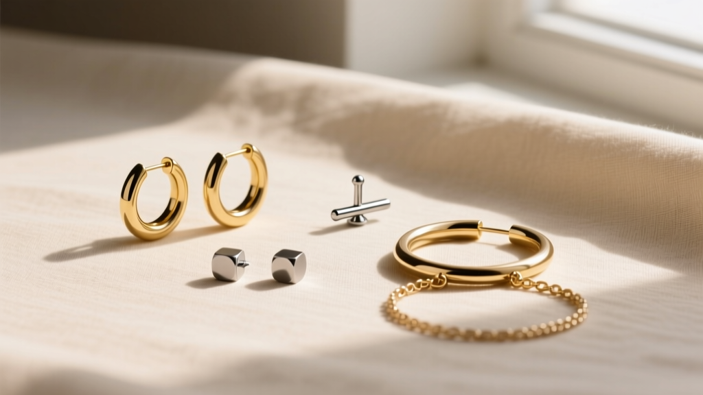 Minimalist earrings capsule flatlay with 14k gold huggies, titanium labret studs, and modular charm hoops resting on beige linen