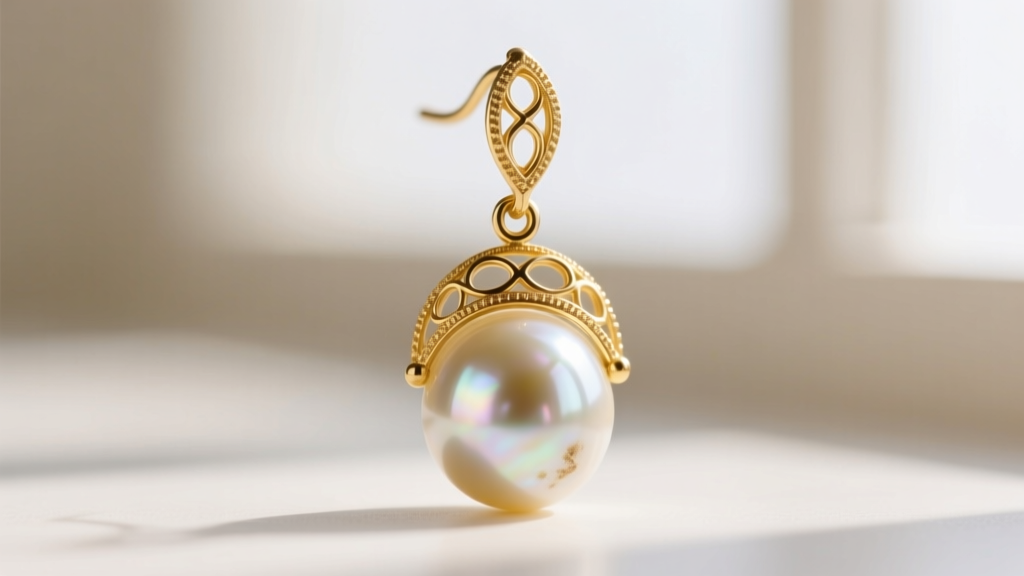 Close-up of an 18-gauge 14k yellow gold French wire earring setting holding a heavy, luminous 13mm freshwater pearl drop