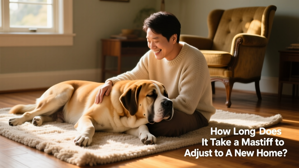 A relaxed Mastiff lying beside a family member on a sunlit rug, both sharing a quiet, peaceful moment
