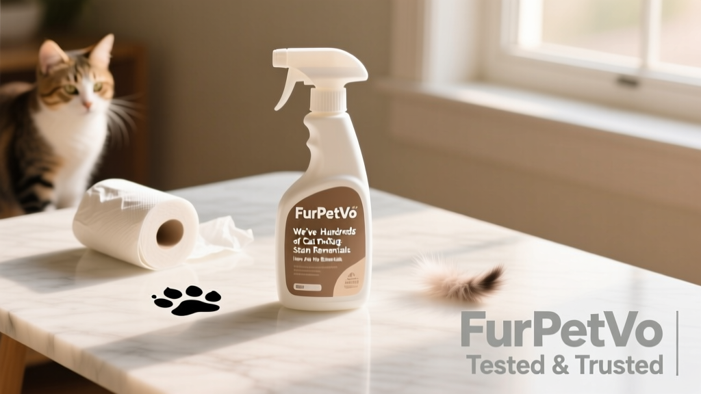 Bottle of FurPetVo Carpet & Area Rug Stain Remover on a clean surface