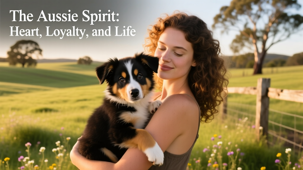 girl holding Australian shepherd puppy