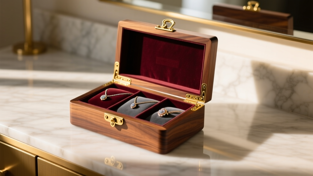 Walnut jewelry box with brass hinges showing velvet compartments on a marble vanity surface bathed in soft natural morning light.