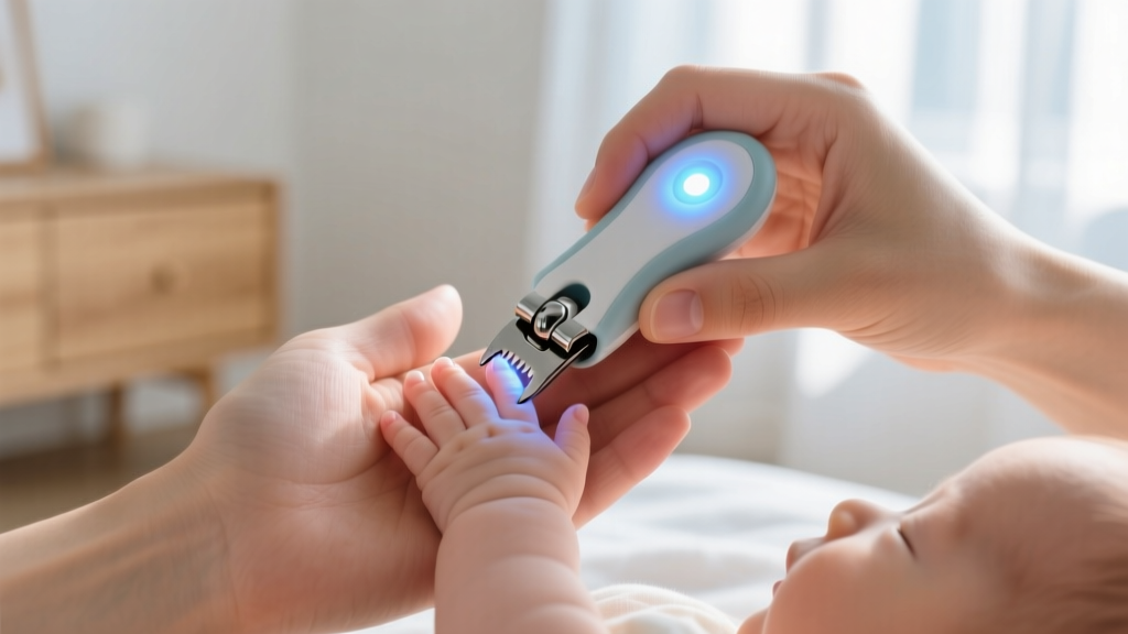 Close-up of a parent using an LED light-up baby nail clipper to safely trim an infant