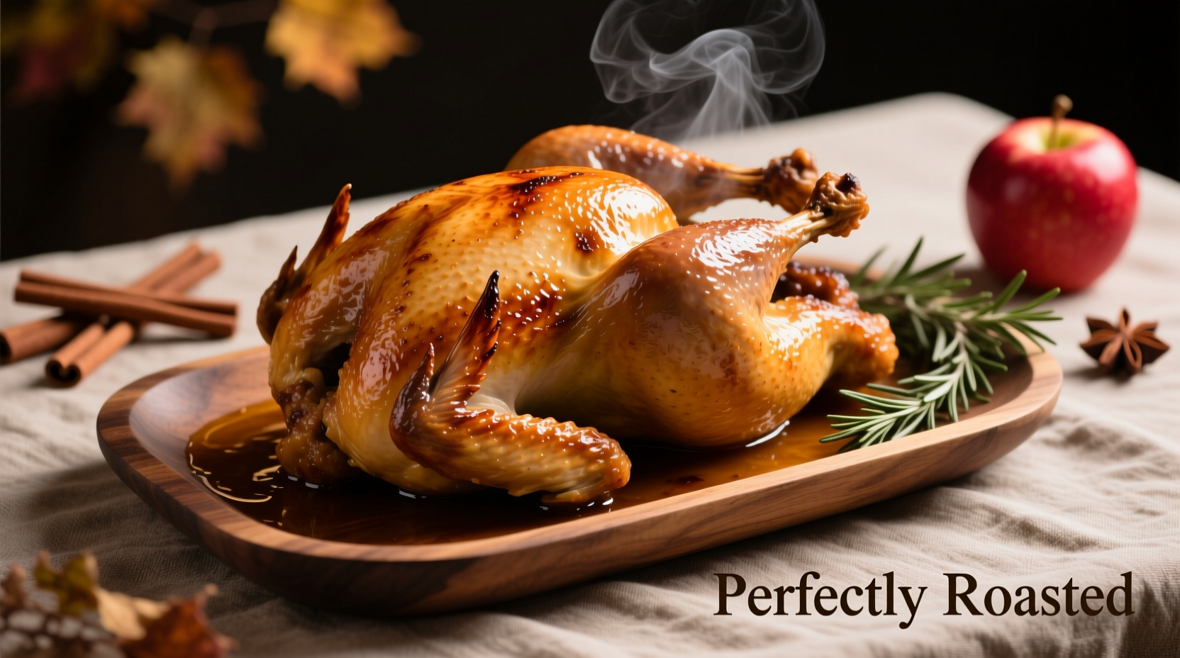 Perfectly roasted golden-brown turkey on serving platter