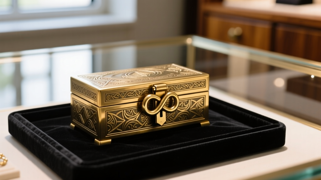 Front view of ornate brass box clasp with safety figure-eight catch, resting on a jeweler's bench with soft directional warm light.