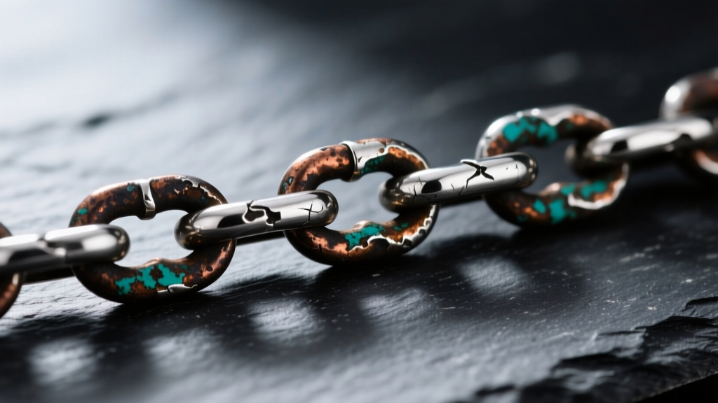 Macro shot of a tarnished 925 sterling silver chain on dark slate, showing dark copper sulfide patina on the metal links.