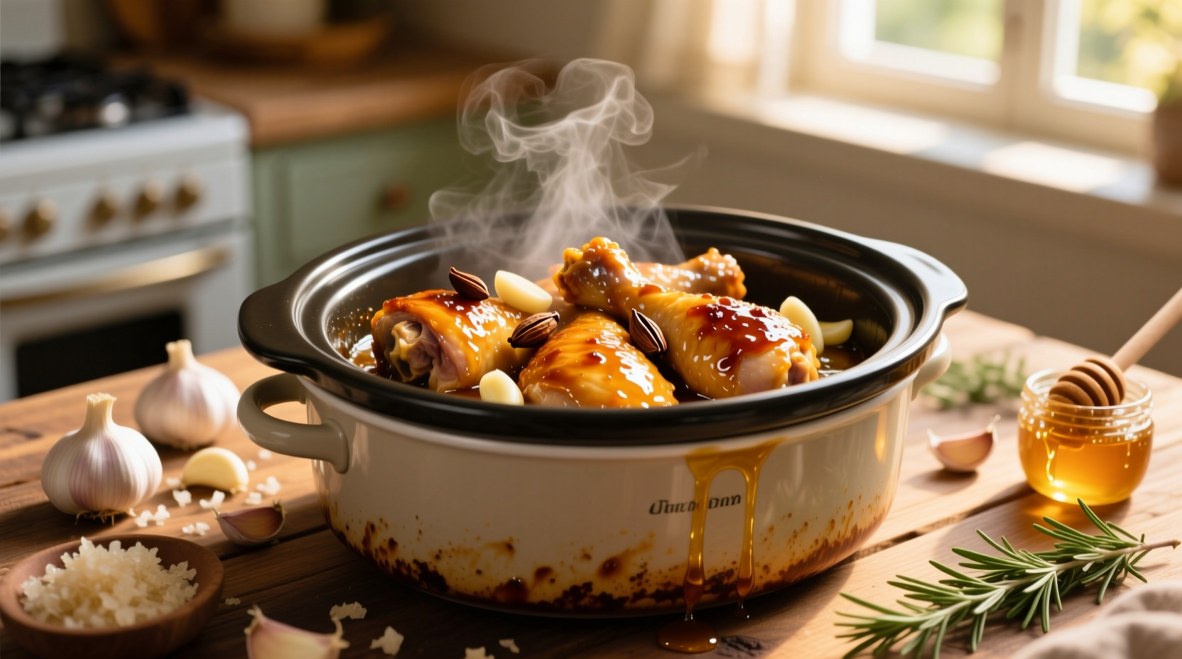 Slow cooker filled with golden honey garlic chicken thighs