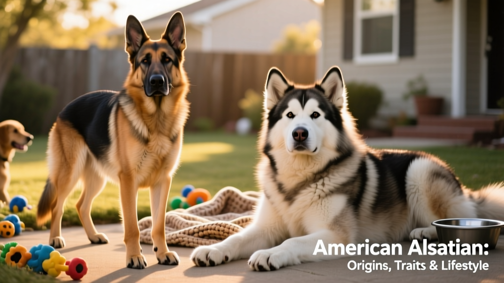 Side-by-side comparison showing a German Shepherd and an Alaskan Malamute—the two foundational breeds of the American Alsatian