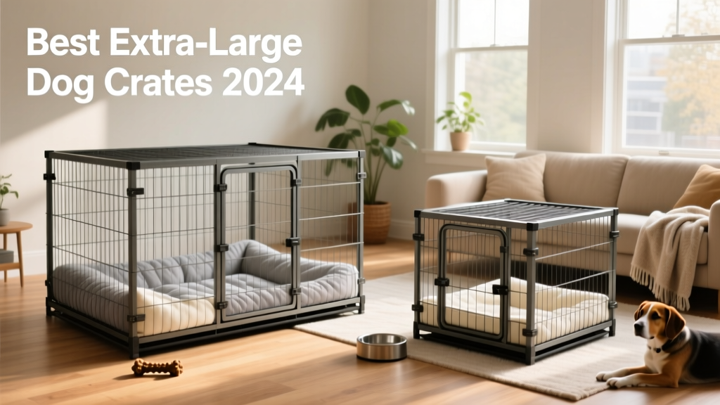 Side-by-side comparison of two sturdy wire dog crates in a living room setting, with soft bedding inside