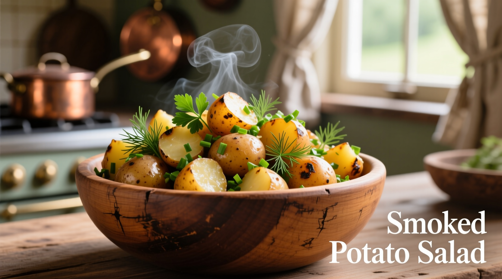 Smoked potato salad with fresh herbs in wooden bowl