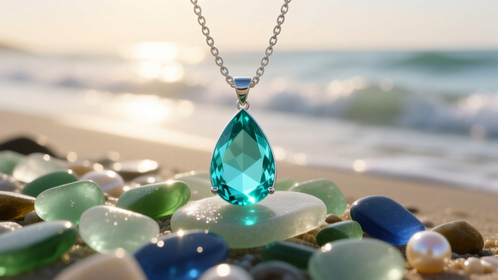 Teardrop aquamarine pendant on a silver chain resting on wet sea glass, mimicking an oceanic treasure in soft natural sunlight.