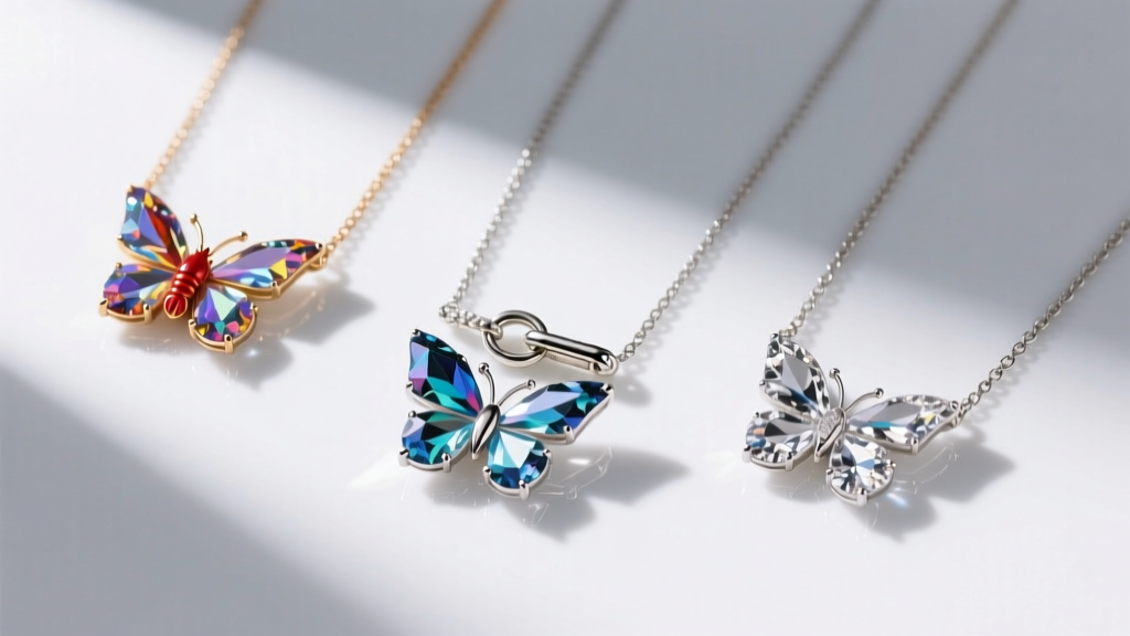 Top-down view of three crystal butterfly necklaces showing different chain clasps: a lobster clasp, a spring ring, and a toggle.