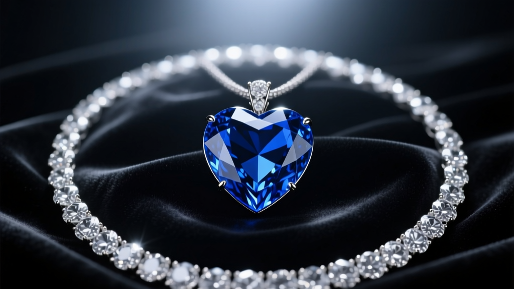 Large heart-shaped blue sapphire pendant surrounded by diamonds resting on dark velvet under dramatic, moody cinematic lighting.