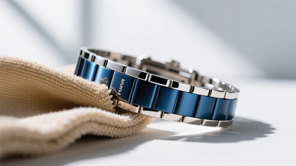 Microfiber cloth wiping a stainless steel PVD tennis bracelet, removing sweat and oils under bright natural window light.