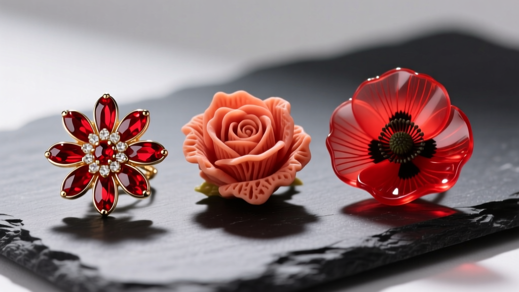 Macro shot of three red flower earrings: vitreous enamel daisy, carved coral rose, and resin poppy resting on dark slate.