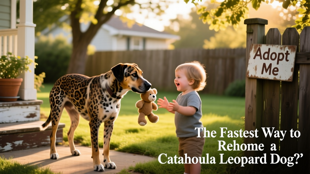 A Catahoula Leopard Dog playing gently with a child in a backyard