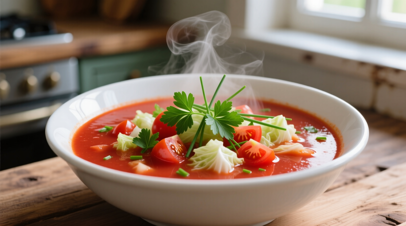 Vibrant tomato cabbage soup in white bowl with fresh herbs