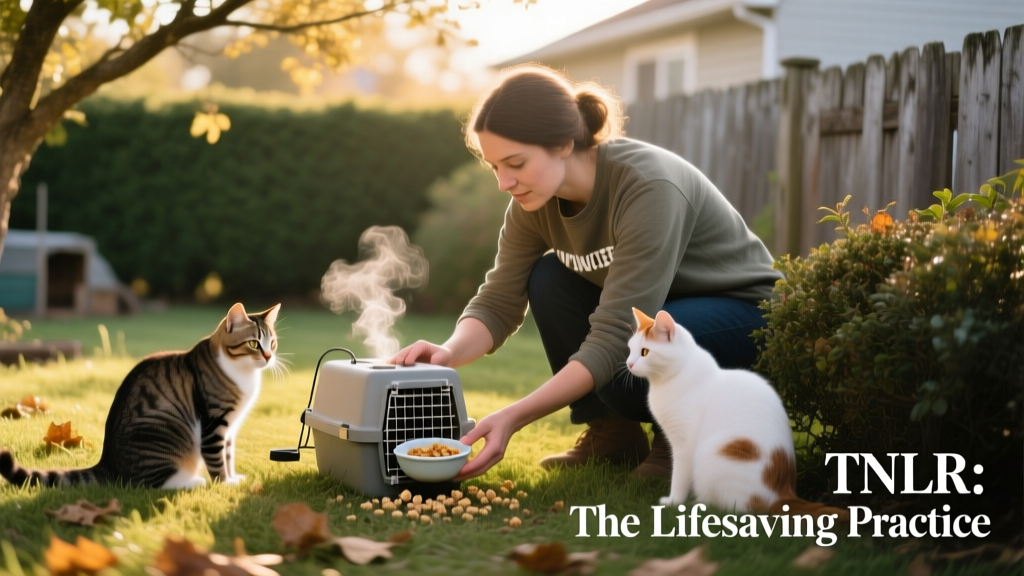 Volunteer gently placing a humane trap near a quiet outdoor cat colony with food bait visible