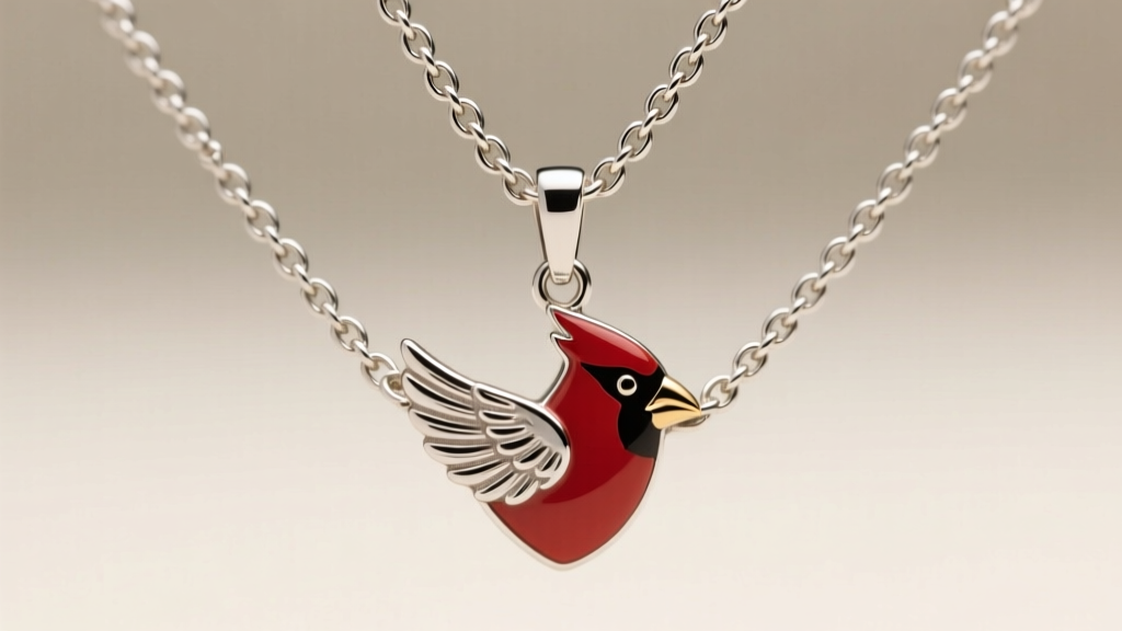 Close-up of sterling silver rolo chain threading through a hidden bail on a cardinal pendant, highlighting link soldering joints