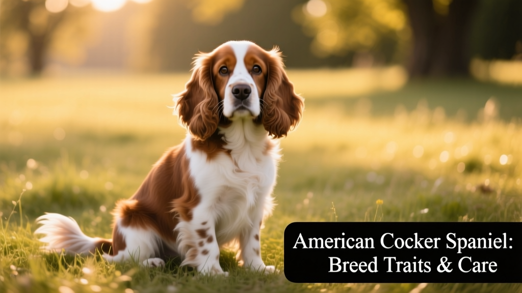 Brown and white American Cocker Spaniel sitting calmly on grass, showcasing its silky coat and expressive eyes