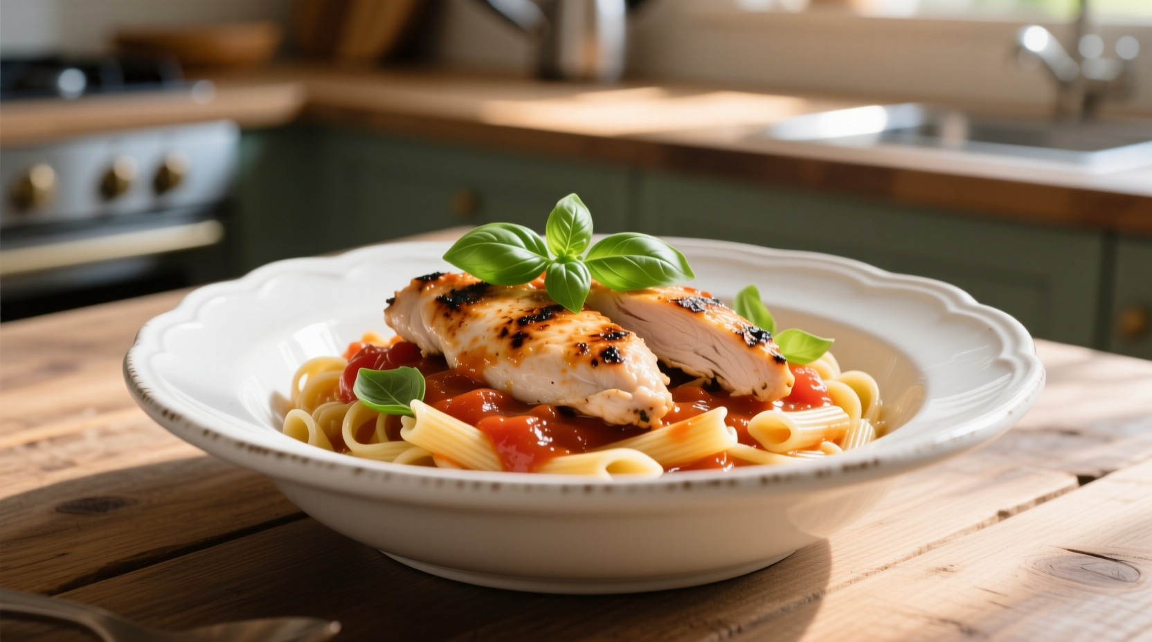 Creamy tomato sauce pasta with chicken in white bowl