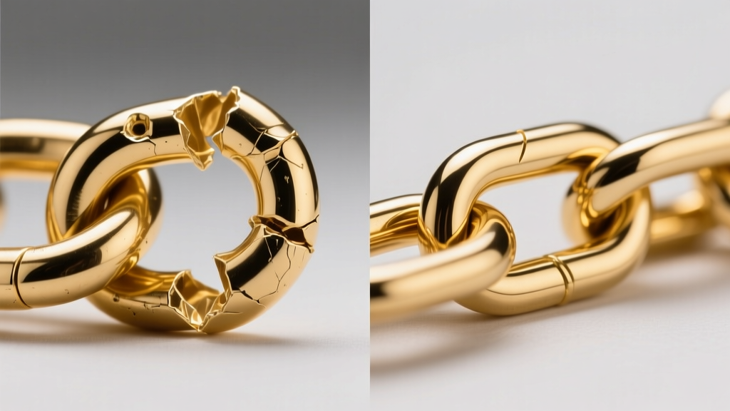 Macro split-screen comparing a crushed hollow gold chain link next to a pristine solid wire-drawn 14k gold figaro chain link.