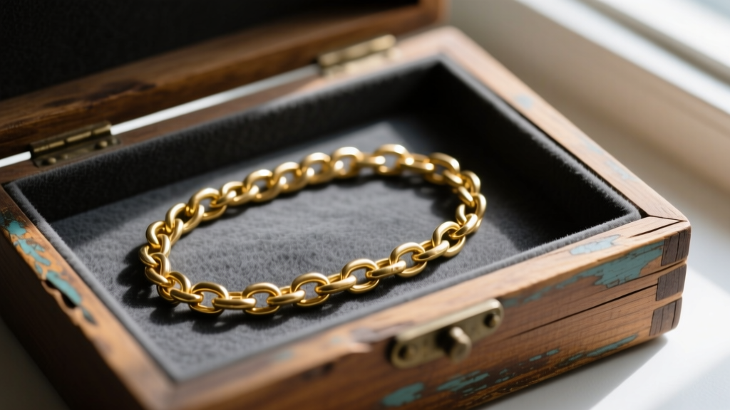 Delicate gold-plated brass chain resting on a dark grey anti-tarnish suede insert inside a vintage wood jewelry organizer box.