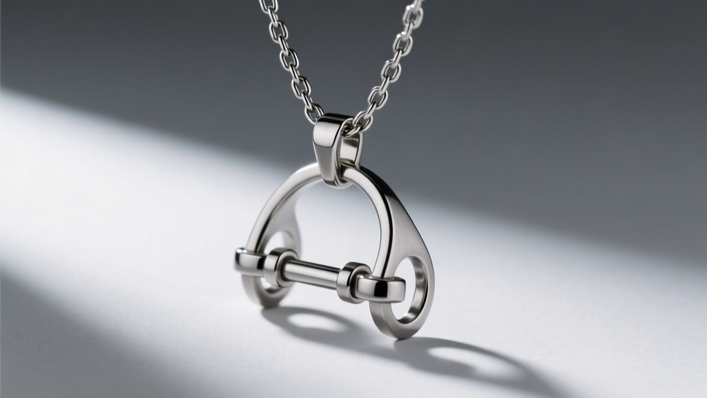 Matte titanium snaffle bit pendant on a steel box chain, highlighting modern minimalist equestrian jewelry design details.