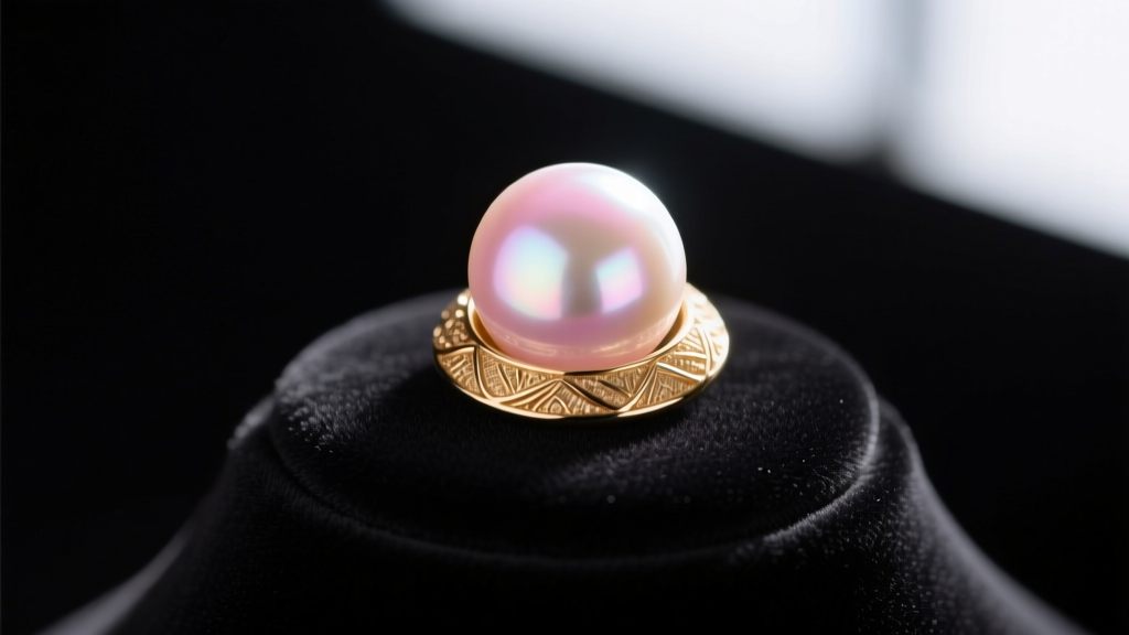 Macro shot of 14k gold vermeil texture and subtle pink luster of a round freshwater pearl resting on a dark velvet bust.