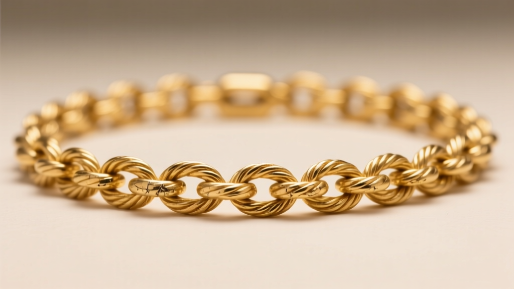 Macro shot of a 22-inch gold rope chain showing mild friction wear on the links under soft, warm directional studio lighting