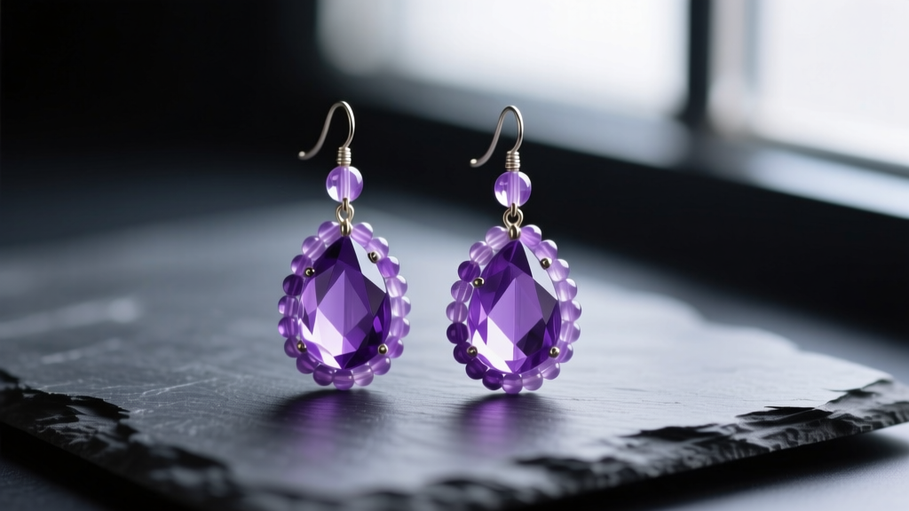 Close-up of purple beaded drop earrings made of amethyst and glass on dark slate, softly lit to show bead textures