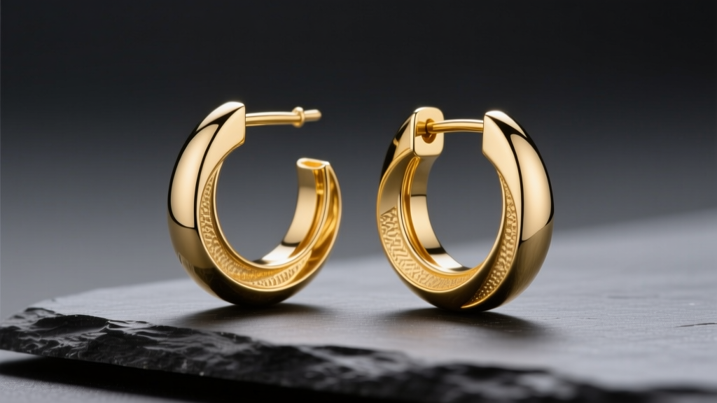 Close-up of polished 14k yellow gold half circle earrings resting on dark slate, illuminated by soft directional studio lighting.